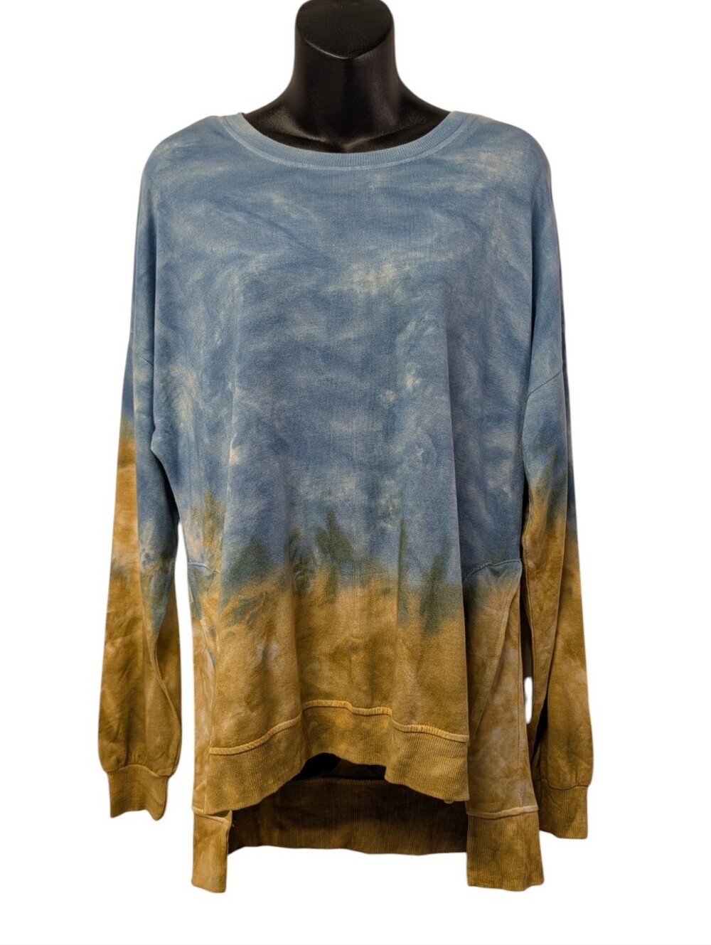 Dantelle Blue Tan Ombre Tie Dye Loop Terry Sweatshirt Tunic Sz M High Low Slits